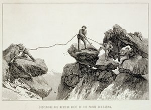 Zejście z zachodniej grani na Pointe des Ecrins, z rysunku "The Ascent of the Matterhorn" autorstwa Edwarda Whympera (1840-1911), opublikowanego w latach 60-tych-80-tych XX wieku